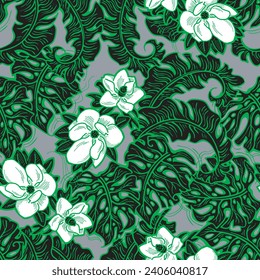 Tropical plant leaves vector pattern for textile design, fabric print, wallpaper, digital paper. Palm tree leaf background, jungle vintage style, hand drawn illustration for cafe, spa hotel decoration