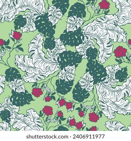 Tropical plant leaves vector pattern for textile design, fabric print, wallpaper, digital paper. Palm tree leaf background, jungle vintage style, hand drawn illustration for cafe, spa hotel decoration