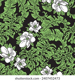 Tropical plant leaves vector pattern for textile design, fabric print, wallpaper, digital paper. Palm tree leaf background, jungle vintage style, hand drawn illustration for cafe, spa hotel decoration