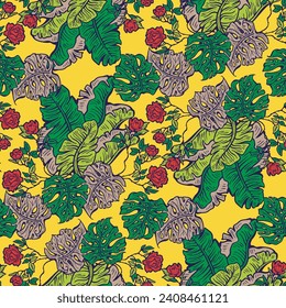 Tropical plant leaves vector pattern for textile design, fabric print, wallpaper, digital paper. Palm tree leaf background, jungle vintage style, hand drawn illustration for cafe, spa hotel decoration