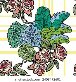 Tropical plant leaves vector pattern for textile design, fabric print, wallpaper, digital paper. Palm tree leaf background, jungle vintage style, hand drawn illustration for cafe, spa hotel decoration