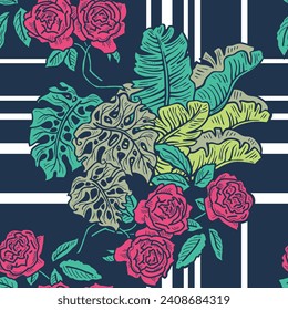 Tropical plant leaves vector pattern for textile design, fabric print, wallpaper, digital paper. Palm tree leaf background, jungle vintage style, hand drawn illustration for cafe, spa hotel decoration
