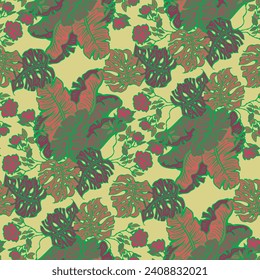 Tropical plant leaves vector pattern for textile design, fabric print, wallpaper, digital paper. Palm tree leaf background, jungle vintage style, hand drawn illustration for cafe, spa hotel decoration