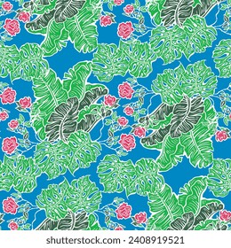 Hojas de plantas tropicales patrón vectorial para el diseño textil, impresión de tela, papel tapiz, papel digital. Fondo de hojas de palmera, estilo vintage jungla, ilustración a mano para café, decoración de hotel spa