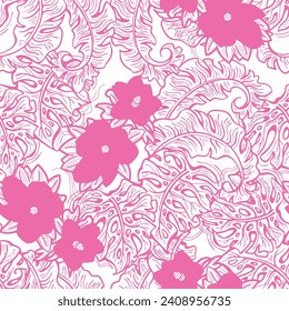 Tropical plant leaves vector pattern for textile design, fabric print, wallpaper, digital paper. Palm tree leaf background, jungle vintage style, hand drawn illustration for cafe, spa hotel decoration