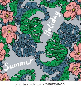 Tropical plant leaves vector pattern for textile design, fabric print, wallpaper, digital paper. Palm tree leaf background, jungle vintage style, hand drawn illustration for cafe, spa hotel decoration