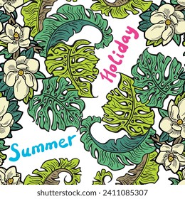 Tropical plant leaves vector pattern for textile design, fabric print, wallpaper, digital paper. Palm tree leaf background, jungle vintage style, hand drawn illustration for cafe, spa hotel decoration