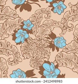 Tropical plant leaves vector pattern for textile design, fabric print, wallpaper, digital paper. Palm tree leaf background, jungle vintage style, hand drawn illustration for cafe, spa hotel decoration