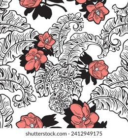 Tropical plant leaves vector pattern for textile design, fabric print, wallpaper, digital paper. Palm tree leaf background, jungle vintage style, hand drawn illustration for cafe, spa hotel decoration