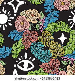 Tropische Pflanze Blätter Vektormuster für Textil-Design, Stoffdruck, Tapete, digitales Papier. Palmblätterhintergrund, Dschungelwintage-Stil, handgezeichnete Illustration für Cafe, Spa-Hoteldekoration