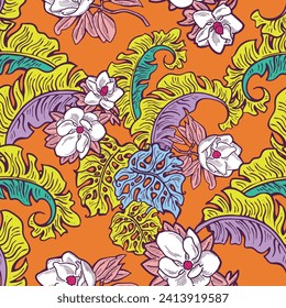 Hojas de plantas tropicales patrón vectorial para el diseño textil, impresión de tela, papel tapiz, papel digital. Fondo de hojas de palmera, estilo vintage jungla, ilustración a mano para café, decoración de hotel spa