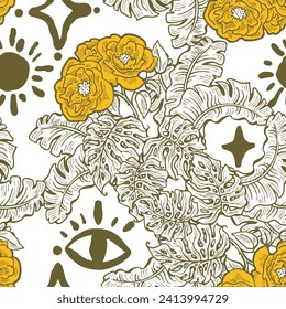 Hojas de plantas tropicales patrón vectorial para el diseño textil, impresión de tela, papel tapiz, papel digital. Fondo de hojas de palmera, estilo vintage jungla, ilustración a mano para café, decoración de hotel spa