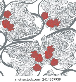 Tropical plant leaves vector pattern for textile design, fabric print, wallpaper, digital paper. Palm tree leaf background, jungle vintage style, hand drawn illustration for cafe, spa hotel decoration
