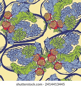 Tropical plant leaves vector pattern for textile design, fabric print, wallpaper, digital paper. Palm tree leaf background, jungle vintage style, hand drawn illustration for cafe, spa hotel decoration