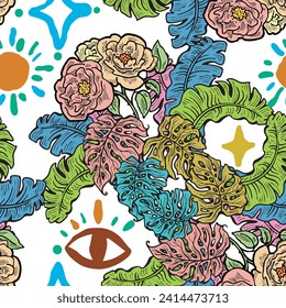 Tropical plant leaves vector pattern for textile design, fabric print, wallpaper, digital paper. Palm tree leaf background, jungle vintage style, hand drawn illustration for cafe, spa hotel decoration