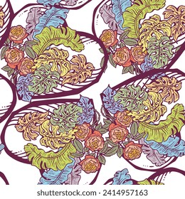 Tropical plant leaves vector pattern for textile design, fabric print, wallpaper, digital paper. Palm tree leaf background, jungle vintage style, hand drawn illustration for cafe, spa hotel decoration
