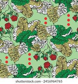 Tropical plant leaves vector pattern for textile design, fabric print, wallpaper, digital paper. Palm tree leaf background, jungle vintage style, hand drawn illustration for cafe, spa hotel decoration
