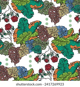Tropische Pflanze Blätter Vektormuster für Textil-Design, Stoffdruck, Tapete, digitales Papier. Palmblätterhintergrund, Dschungelwintage-Stil, handgezeichnete Illustration für Cafe, Spa-Hoteldekoration
