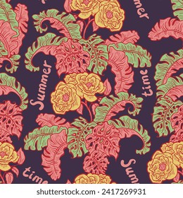 Hojas de plantas tropicales patrón vectorial para el diseño textil, impresión de tela, papel tapiz, papel digital. Fondo de hojas de palmera, estilo vintage jungla, ilustración a mano para café, decoración de hotel spa