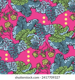 Tropical plant leaves vector pattern for textile design, fabric print, wallpaper, digital paper. Palm tree leaf background, jungle vintage style, hand drawn illustration for cafe, spa hotel decoration