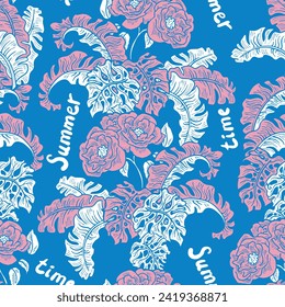 Hojas de plantas tropicales patrón vectorial para el diseño textil, impresión de tela, papel tapiz, papel digital. Fondo de hojas de palmera, estilo vintage jungla, ilustración a mano para café, decoración de hotel spa
