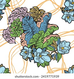 Tropical plant leaves vector pattern for textile design, fabric print, wallpaper, digital paper. Palm tree leaf background, jungle vintage style, hand drawn illustration for cafe, spa hotel decoration