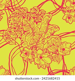 Hojas de plantas tropicales patrón vectorial para el diseño textil, impresión de tela, papel tapiz, papel digital. Fondo de hojas de palmera, estilo vintage jungla, ilustración a mano para café, decoración de hotel spa