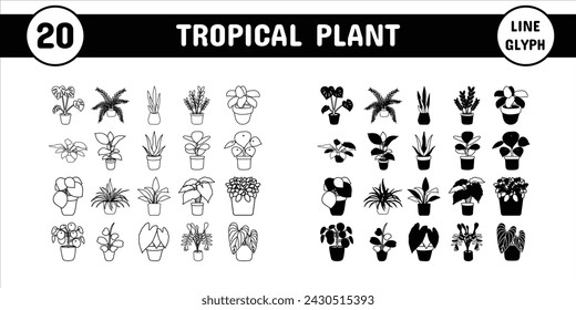 Tropical Plant Line Glyph Vector Illustration Icon Sticker Set Design Materials