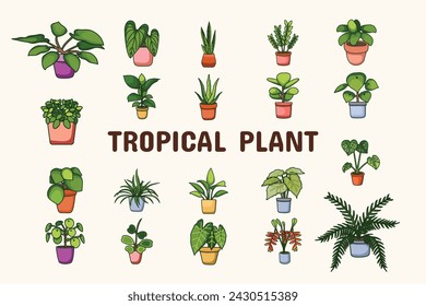 Tropical Plant Lineal Color Vector Illustration Icon Sticker Set Design Materials