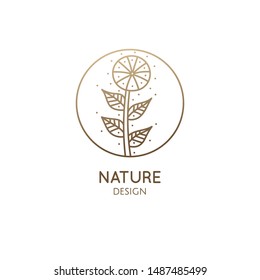 Tropical plant logo. Abstract emblem flower in a circle in linear style. Vector badge for design of natural products, flower shop, cosmetics, ecology concepts, health, spa, yoga Center.