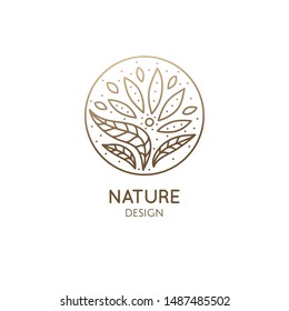 Tropical plant logo. Abstract emblem flower in a circle in linear style. Vector badge for design of natural products, flower shop, cosmetics, ecology concepts, health, spa, yoga Center.