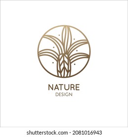 Tropical plant logo. Abstract outline round emblem of leaves, palm leaf. Linear style. Vector abstract badge for design of natural product, flower shop, cosmetics, ecology concepts, health, spa, yoga