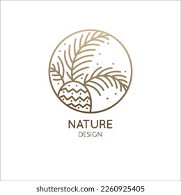 Tropical plant logo. Decoraitive palm tree in linear style. Round outline emblem. Vector abstract badge for design of natural product, flower shop, cosmetics, ecology concepts, health, spa, yoga