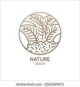 Tropical plant logo. Decoraitive palm tree in linear style. Round outline emblem. Vector abstract badge for design of natural product, flower shop, cosmetics, ecology concepts, health, spa, yoga.