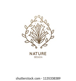 Tropical plant logo. Outline decorative emblem flower in linear style. Vector abstract badge for design of natural products, flower shop, cosmetics, ecology concepts, health, spa, yoga Center.