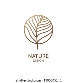 Tropical plant logo. Outline emblem flower or feather in a circle in linear style. Vector abstract badge for design of natural products, flower shop, cosmetics, ecology concepts, health, spa, yoga