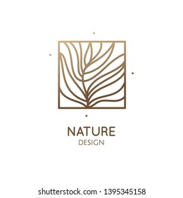 Tropical plant logo. Outline emblem of flower or feather in square shape, linear style. Vector abstract badge for design of natural product, flower shop, cosmetics, ecology concepts, health, spa, yoga