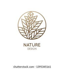 Tropical plant logo. Outline emblem flower in a circle in linear style. Vector abstract badge for design of natural products, flower shop, cosmetics, ecology concepts, health, spa, yoga Center.
