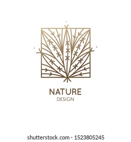 Tropical plant logo. Outline emblem of exotic flower in square shape in linear style. Vector abstract badge for design of natural product, flower shop, cosmetics, ecology concepts, health, spa, yoga
