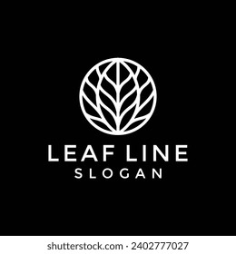 Logo de la planta tropical. Contorno la flor del emblema o la pluma en un círculo de estilo lineal.