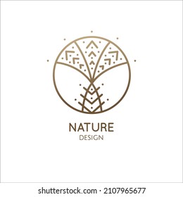 Tropical plant logo. Palm tree with leafs in linear style. Round outline emblem. Vector abstract badge for design of natural product, flower shop, cosmetics, ecology concepts, health, spa, yoga.
