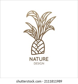 Tropical plant logo. Palm tree with leafs in linear style. Decorative outline emblem. Vector abstract badge for design of natural product, flower shop, cosmetics, ecology concepts, health, spa, yoga.