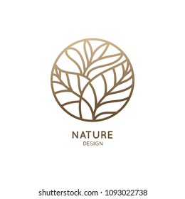 Tropical plant logo. Round emblem flower in a circle n linear style. Vector abstract badge for design of natural products, flower shop, cosmetics, ecology concepts, health, spa, yoga Center.