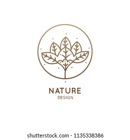 Tropical plant logo. Round emblem flower in a circle in linear style. Vector abstract badge for design of natural products, flower shop, cosmetics, ecology concepts, health, spa, yoga Center.