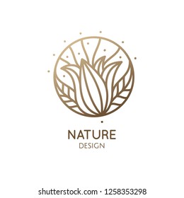 Tropical plant logo. Round emblem flower in a circle in linear style. Vector abstract badge for design of natural products, flower shop, cosmetics, ecology concepts, health, spa, yoga Center.