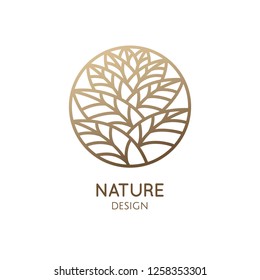 Tropical plant logo. Round emblem flower in a circle in linear style. Vector abstract badge for design of natural products, flower shop, cosmetics, ecology concepts, health, spa, yoga Center.