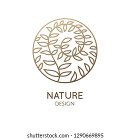 Tropical plant logo. Round emblem flower in a circle in linear style. Vector abstract badge for design of natural products, flower shop, cosmetics, ecology concepts, health, spa, yoga Center.