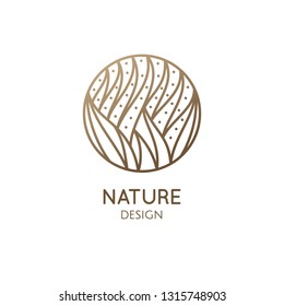 Tropical plant logo. Round emblem of flower in a circle in linear style. Vector abstract badge leaves for design of natural products, flower shop, cosmetics, health, spa, yoga Center. Herbal plant