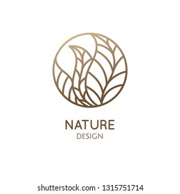 Tropical plant logo. Round emblem leaves in linear style. Vector abstract badge for design of natural products, flower shop, cosmetics, ecology concepts, health, spa, yoga Center.