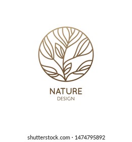 Tropical plant logo. Round emblem flower in a circle in linear style. Floral ornament. Organic design template. Vector abstract badge for design of flower shop, cosmetics, beauty, perfume, spa, yoga